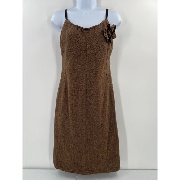 Benetton M Brown Herringbone Dress Wool Blend Flower Y2K Slip Jumper Made Italy - Picture 1 of 12
